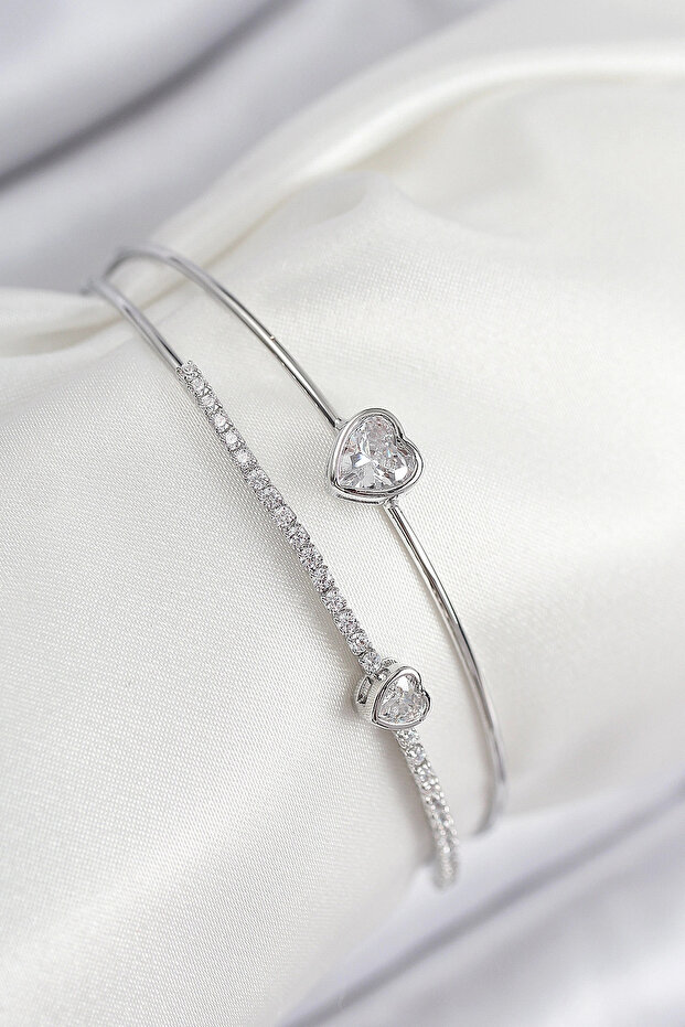Brass Zircon Stone Heart Model Silver Color Women's Bracelet