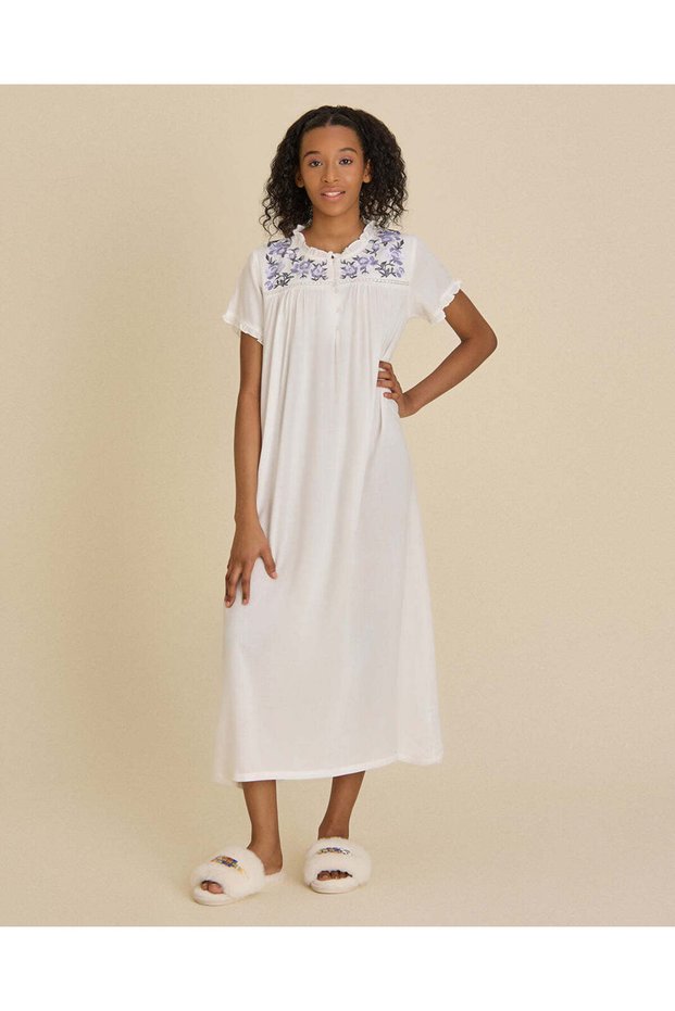 Senior Girls White Embroidered Cotton Nightgown