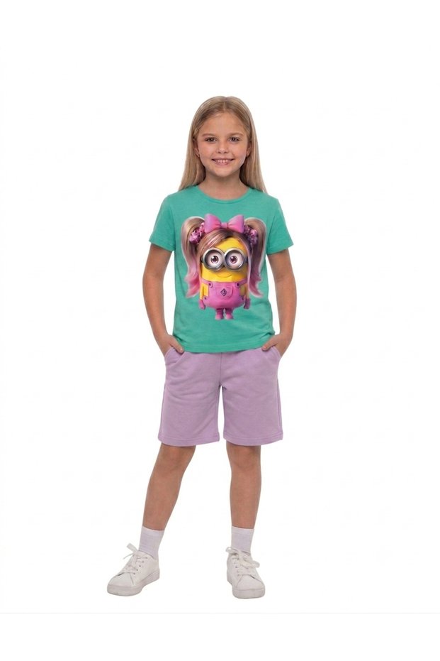 Girls' Minions Printed Crew Neck T-Shirt - Shorts Set