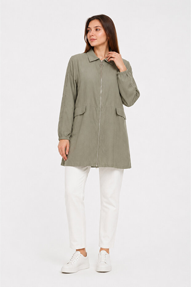 Navy Blue Zippered Tunic Jacket with Eyelet Detail Gray-Green 0183