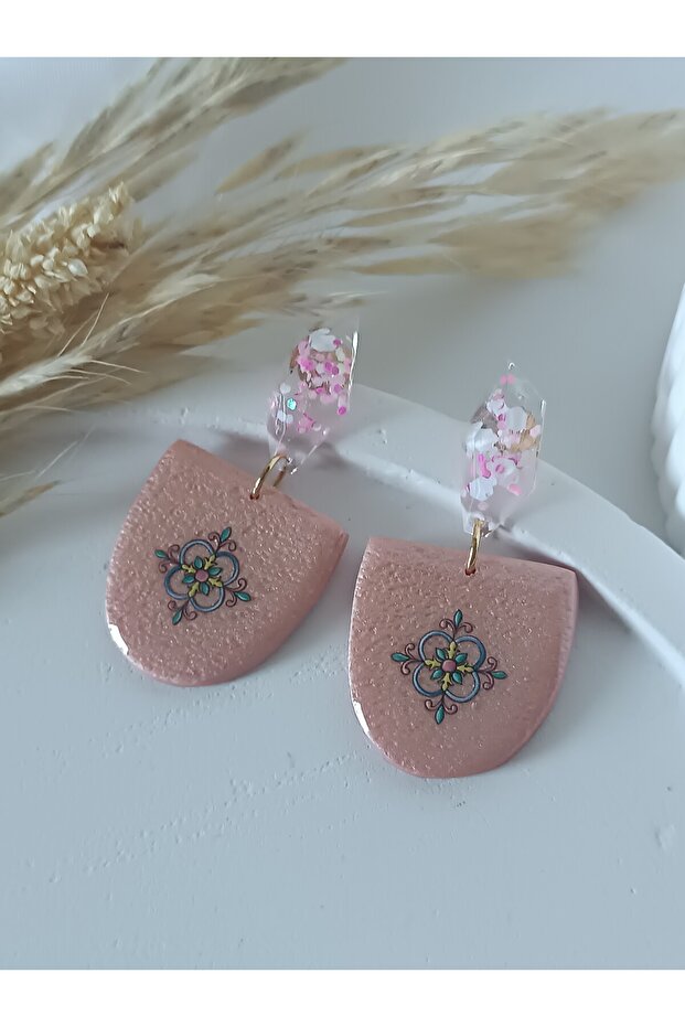 Pink Ethnic Pattern Ultra Light Handmade Polymer Clay Earrings Steel Earring Apparatus