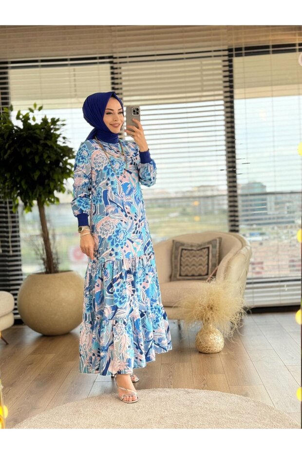 12537 فستان بنمط مختلط باللون الأزرق
