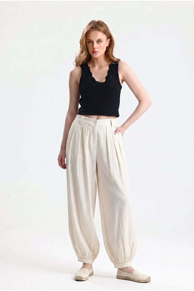 Cream Linen Pleated Shalwar Cut Trousers