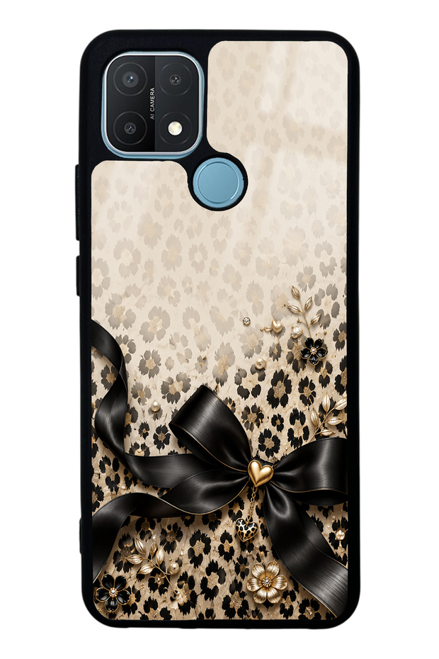 Oppo A15 Golden Leopard Bow Design Glossy Phone Case