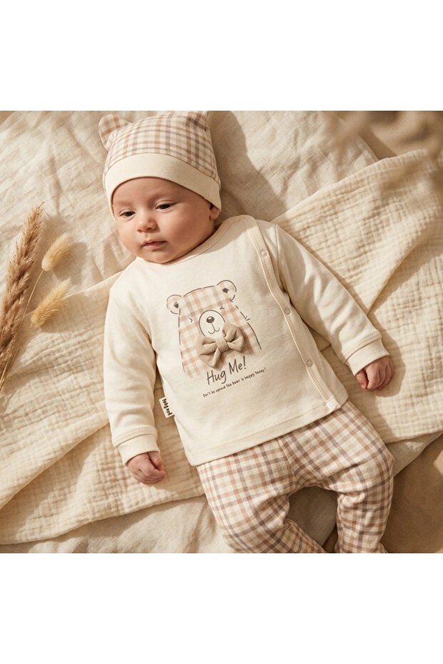 Teddy Hug Cotton Textured Teddy Bear Figured 3-Piece Baby Set - 0-3 Months Ecru Yellow Checkered Baby Set and Sha