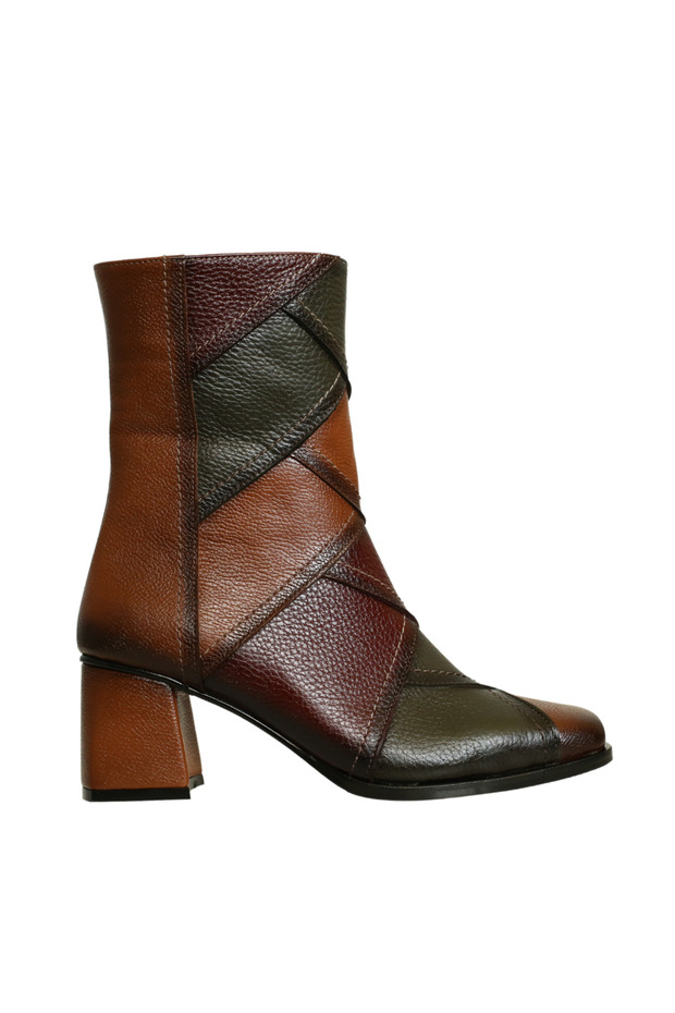 Tan Leather Combination Women's Heeled Boots