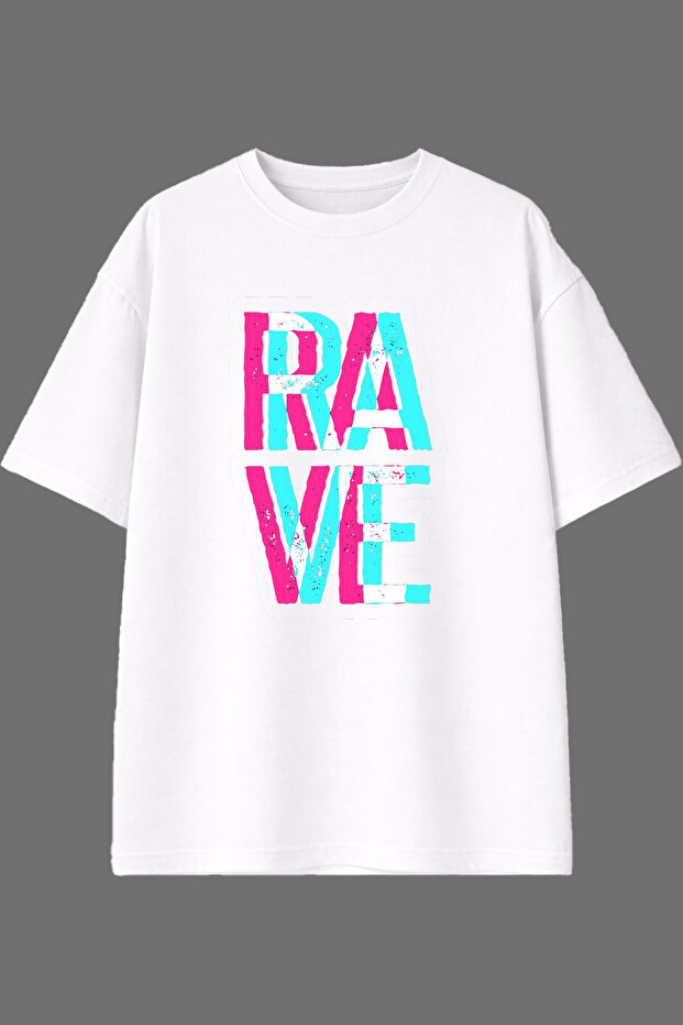 تي شيرت أبيض كبير الحجم مطبوع من الأمام بتصميم Rave Rave