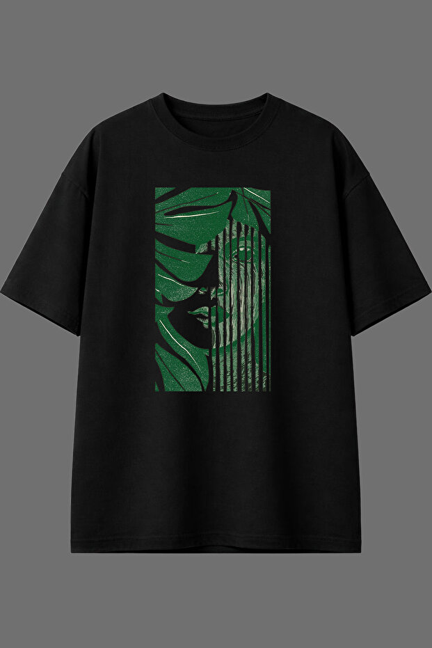 Green Women's Design Front Printed Black Oversize T-Shirt