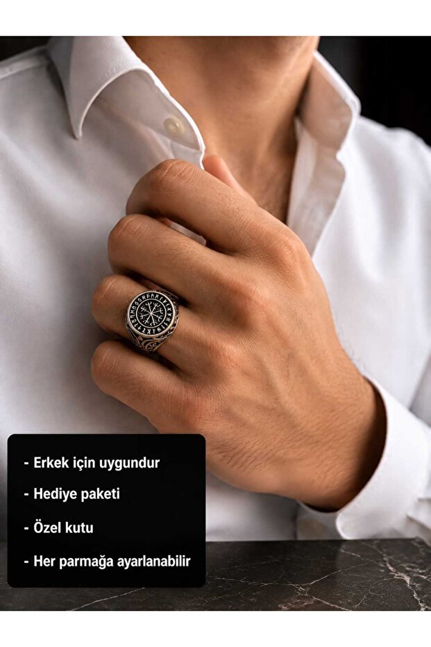 Vegvísir Guardian Signet Ring Vegvísir (Viking Compass) Men's Ring