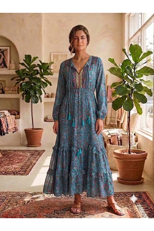 Women's Indian Ethnic Authentic Patterned Long Sleeve Long Silk Dress