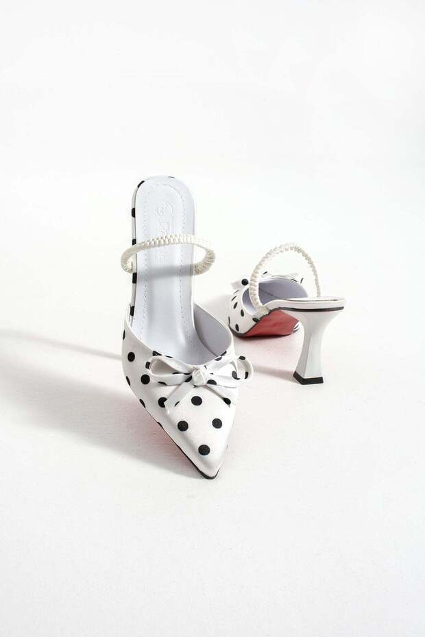 Women's Polka Dot Patterned Heeled Sandals Fiza - White