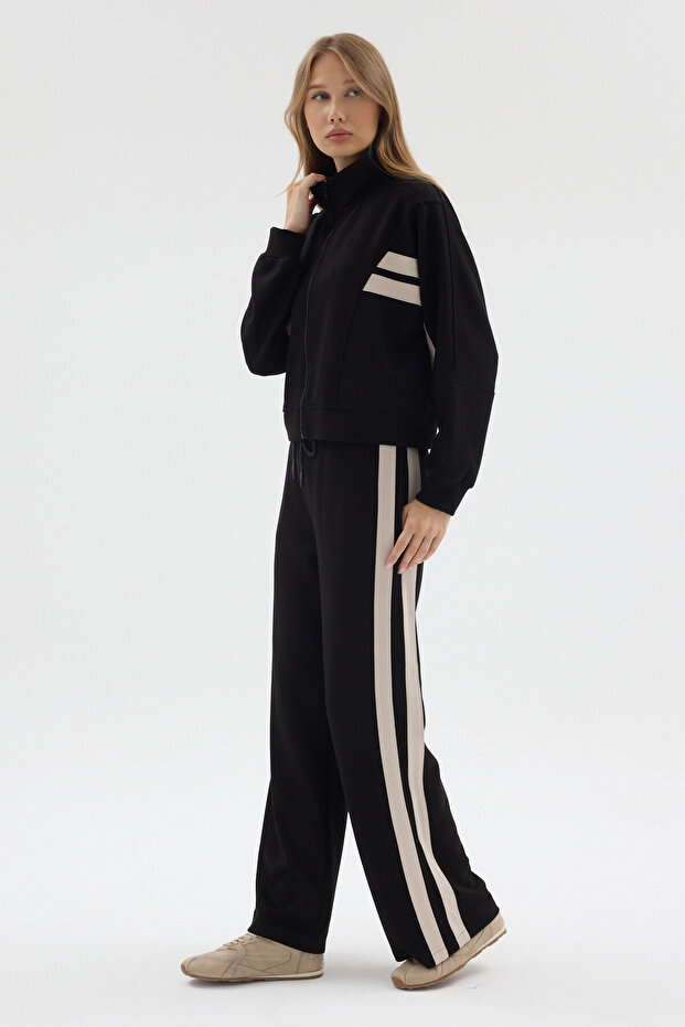 Women's Black Stand Collar Garni Detailed Zippered Modal Fabric Tracksuit Set