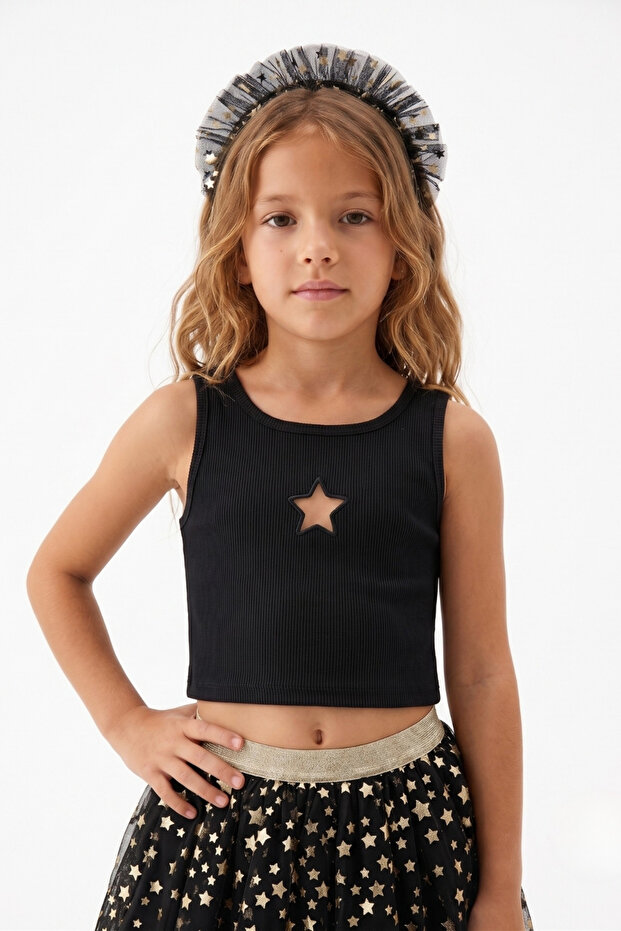Black Star Embroidered Ribbed Strap Crop Blouse for Girls - Cindy