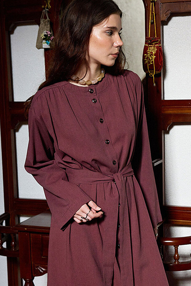 Belted Linen Dress Plum