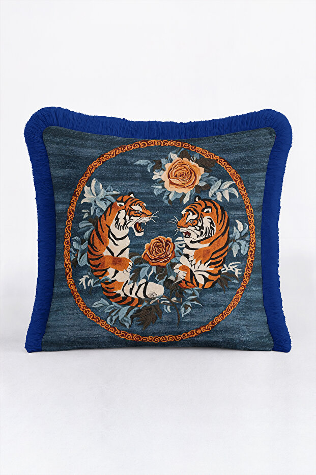 Tiger Design Exotic Floral Fringe Pillowcase - Jungle Bohemian Navy Blue Tassel Throw Pillow Cover