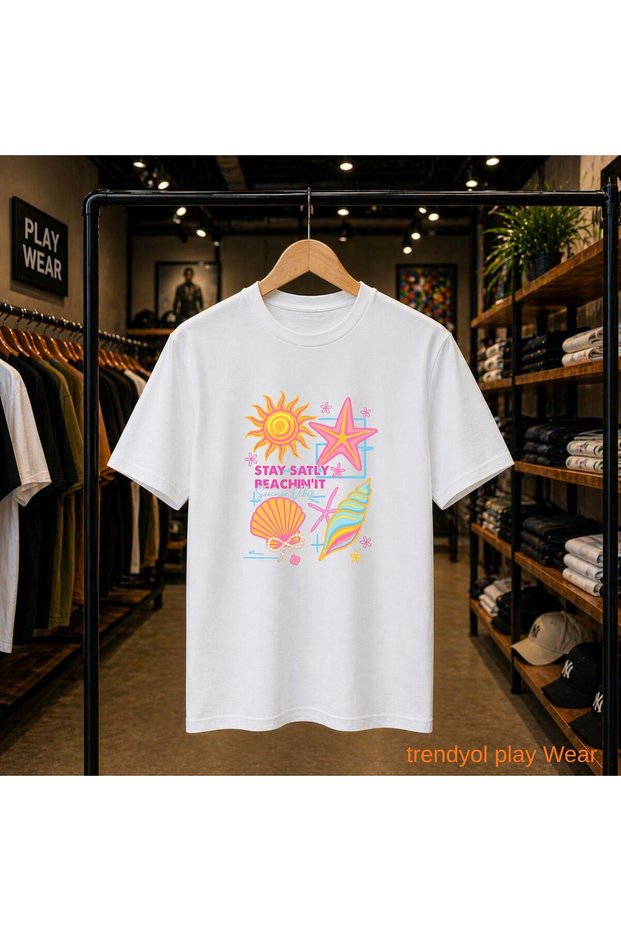 Stay Salty Beach Printed 100% Cotton Oversize Loose Regular Fit Crew Neck T-Shirt