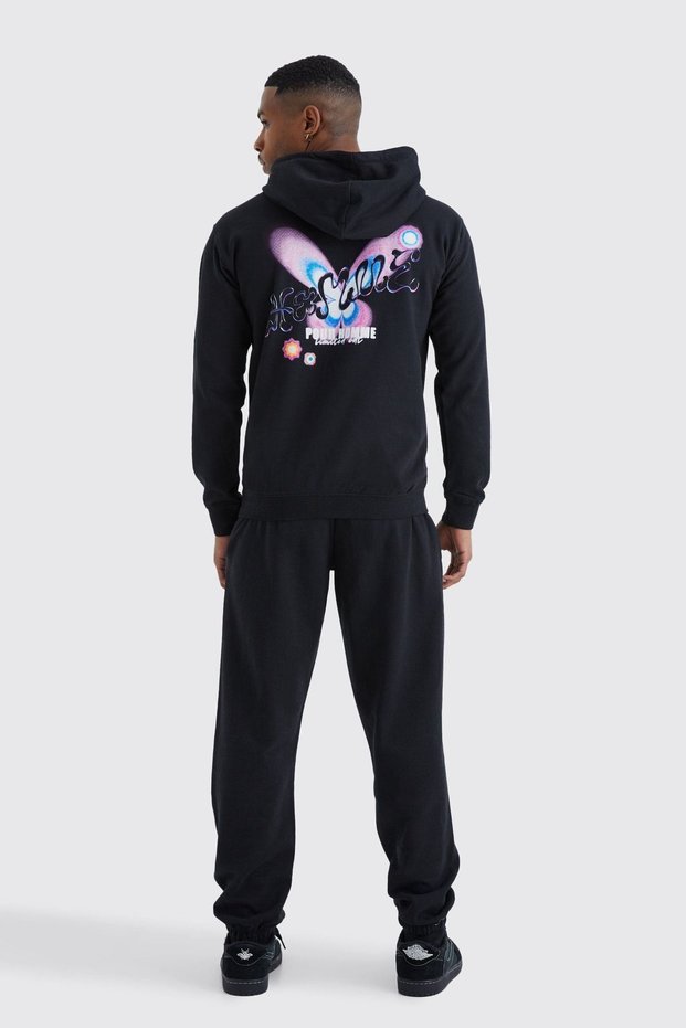 Pour Homme Butterfly Tracksuit - Black Printed Suit Jogger Sweatshirt Rubber Leg Hooded