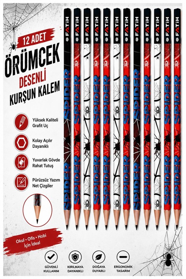 Spider Pencil 12 Pieces Fatih Round Body Black Pencil 2B Soft Writing Easy Grip