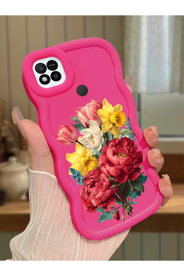 Redmi 10A Compatible Case Camera Protector Red Silicone Couple Phone Case Floral Pattern