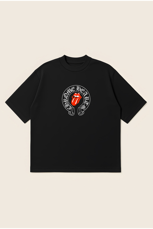 Rollingstones X Chrome Hearts Printed Oversize Boxy Cut Unisex 100% Cotton Tshirt | Streetwear