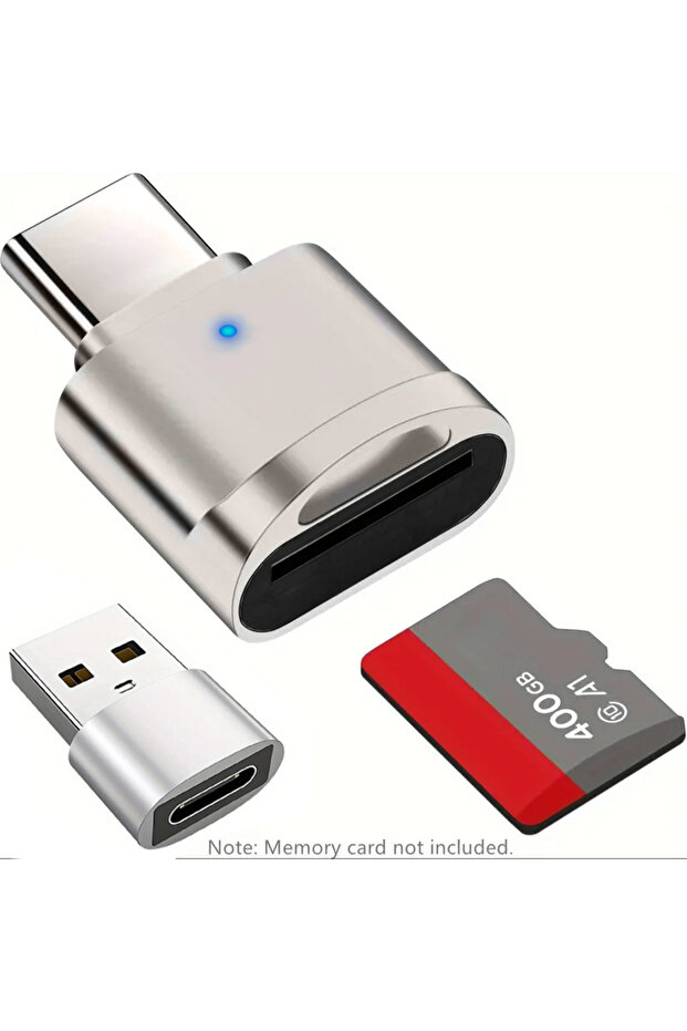 Silver Type C TF Reader With Zinc Alloy Shell, SD Card Reader with USB C to USB Adapter, Suitable fo