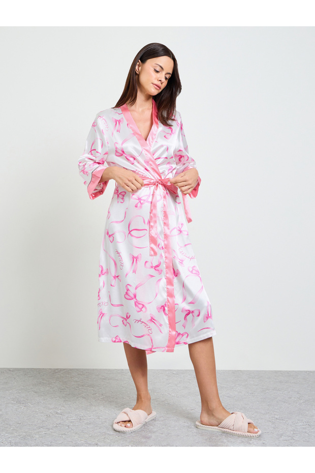 White Bow Print 3/4 Sleeve Robe