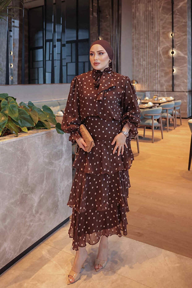 Brown Skirt Layered Polka Dot Set