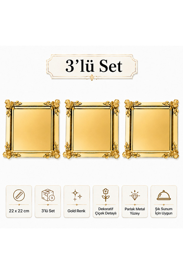 Gold Flower Detailed Square Presentation Tray 22X22 cm Engagement Coffee Tea Dessert Serving Tray