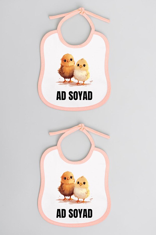 Chick Printed 2-Piece Linen Pink Baby Bib - Baby Bib Set, Baby Bib Variations, Baby Bib with Writing
