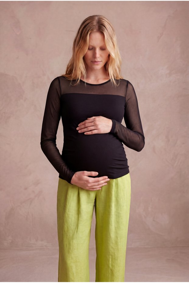 Maternity Black Cotton Crew Neck Long Sleeve Transparent Tulle Detailed Blouse Maria