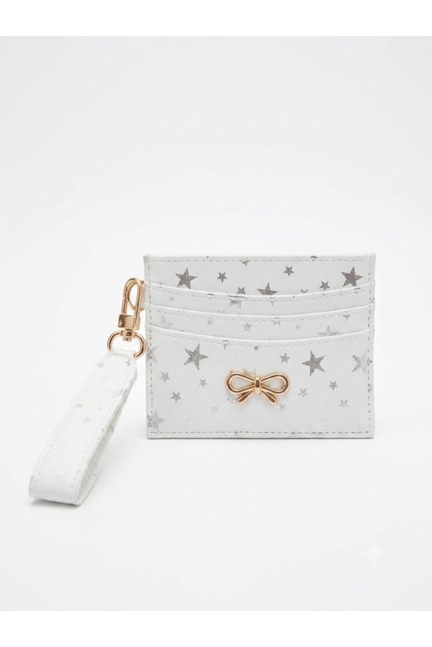 Women's Bow Detailed Shiny Faux Leather Card Holder with Keychain