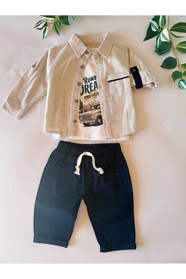 3-Piece Baby Boy Linen Shirt Set - 100% Cotton