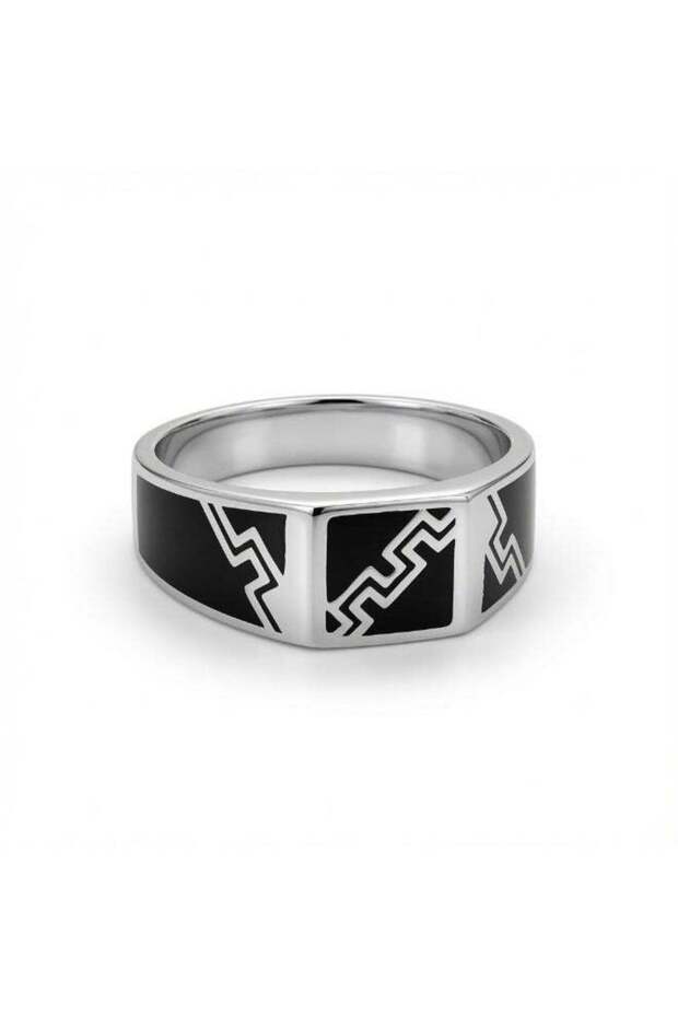 925 Sterling Silver Men's Enamel Ring with Black Geometric Inlay – Modern Men's Style Band
