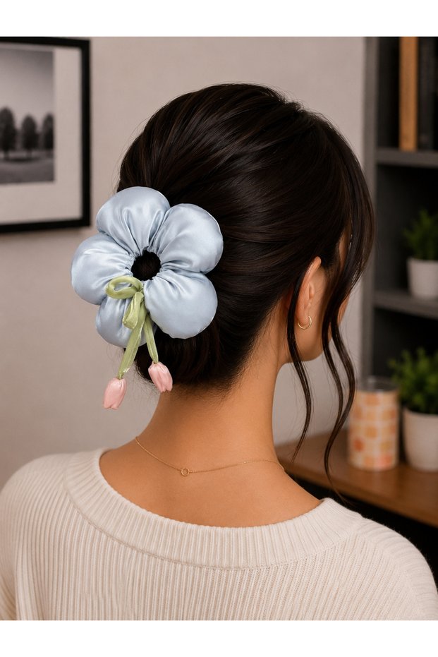 Women's Floral Detailed Satin Elastic Hair Clip – Decorative Scrunchie Hair Clip