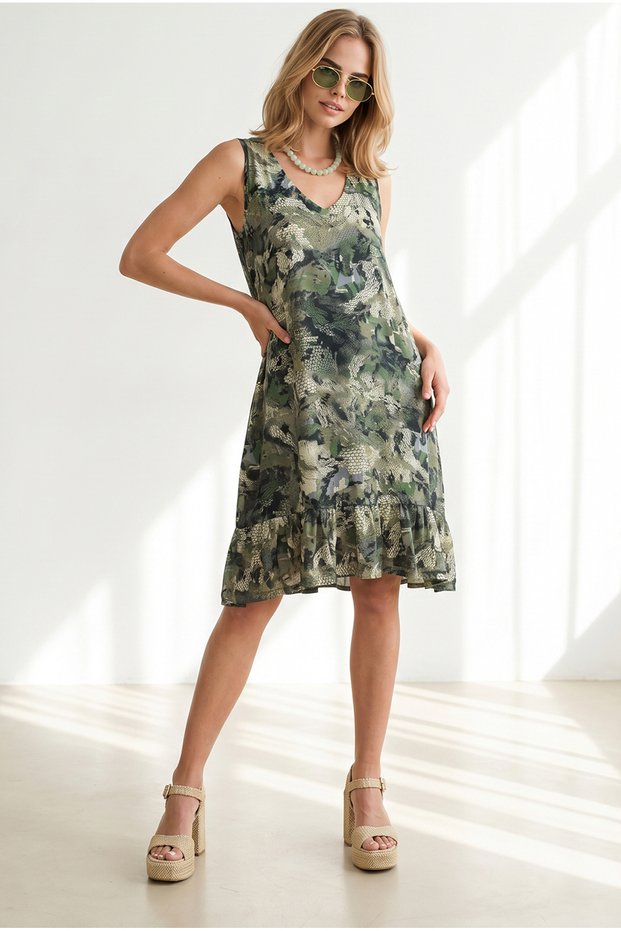 Women's Green V-Neck Skirt Ruffled Knitted Viscose Dress Elb-19002688