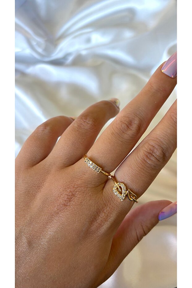 Women's Gold Color Stone Leaf Adjustable 2-Piece Ring Set