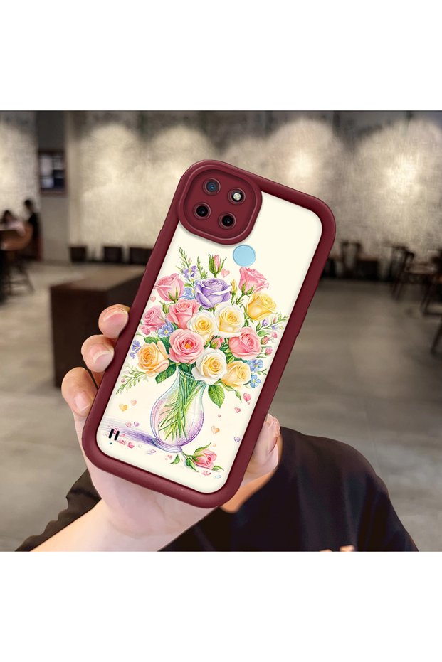 Realme C21Y/C25Y Compatible Case Camera Protector Burgundy Silicone Couple Phone Case Floral Pattern