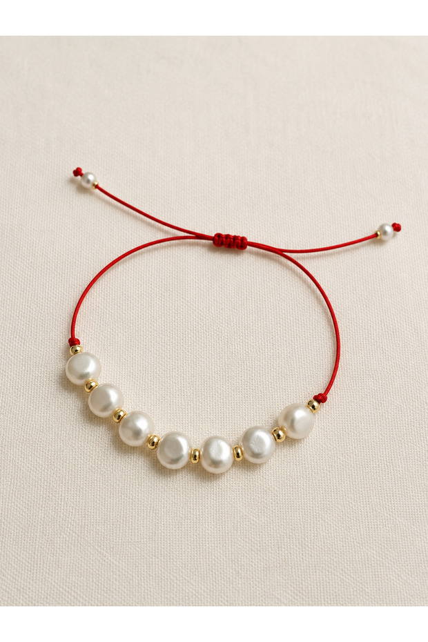7 Pearls Gold Detailed Red String Lucky Bracelet Adjustable Handmade