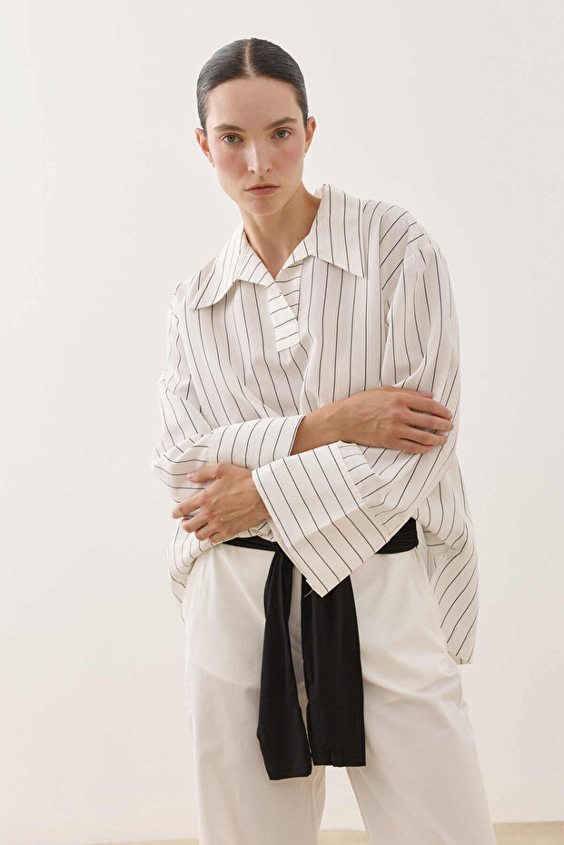 Striped Patchwork Modal Shirt Ecru