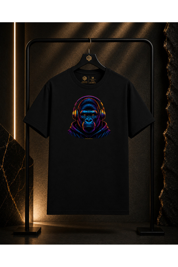Unisex Premium Gorilla Front Chest Printed 100% Cotton Oversize Crew Neck Short Sleeve T-Shirt Black