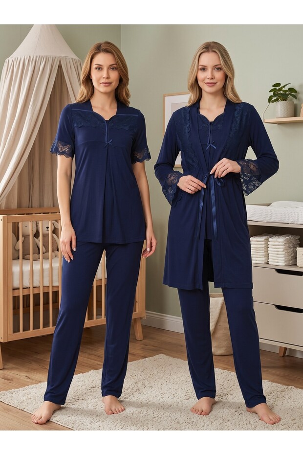 New Season Navy Blue Stylish Lace Detailed Design with Breastfeeding Feature Short Sleeve Maternity Pajama Set