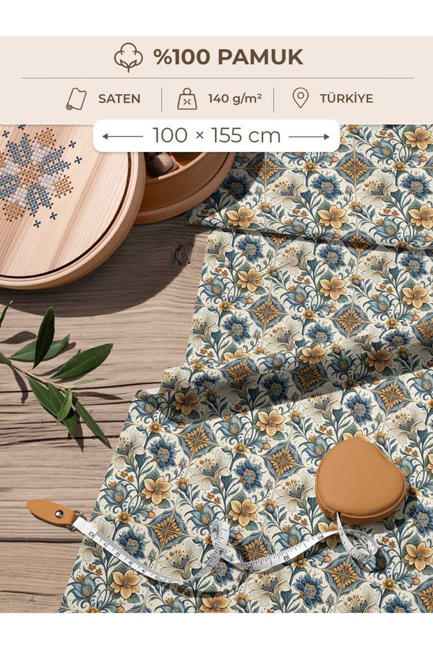 100% Cotton Satin Fabric 100X155 cm Cream Background Blue Mustard Flower Patterned Decorative Patchwork Fabric