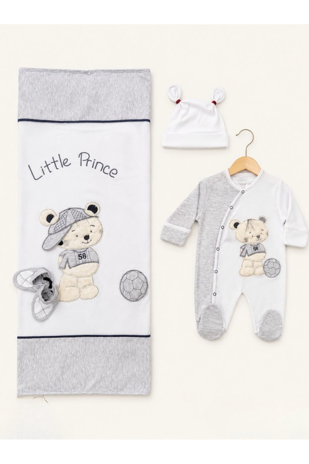 Baby Boy Teddy Bear Embroidered 4-Piece Blanket Romper Set (Romper + Blanket + Beanie + Booties)