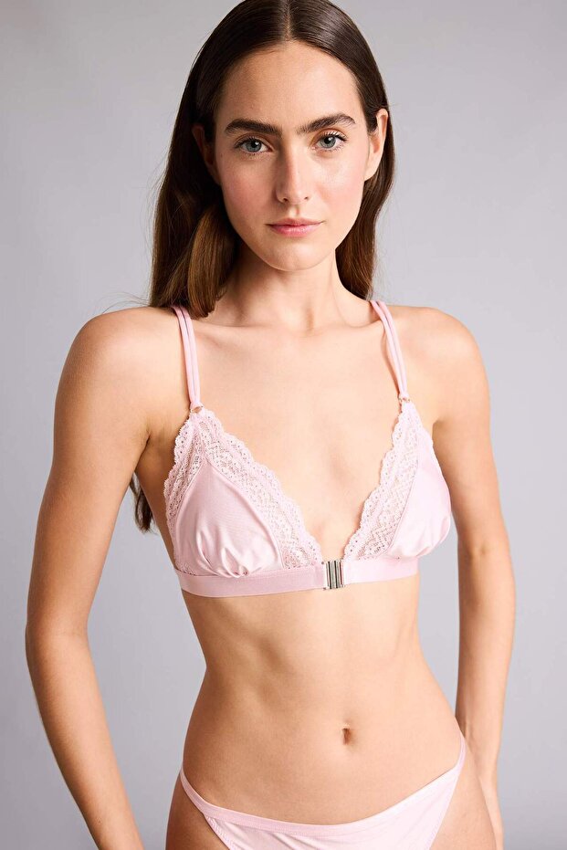 Lace Detailed Satin Unlined Non-Padded Non-Wired Light Pink Bralet G1139Ax26Sp