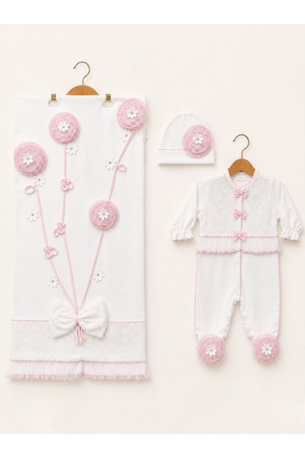 Flower Embroidered Baby Girl Blanket Overalls Set of 3