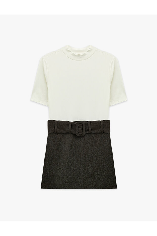 High Neck Belted Short Sleeve Blocky A-Line Dress
