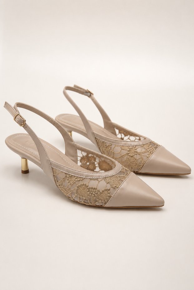 Women's Comfortable Beige Lace Detailed Short Heeled Stiletto