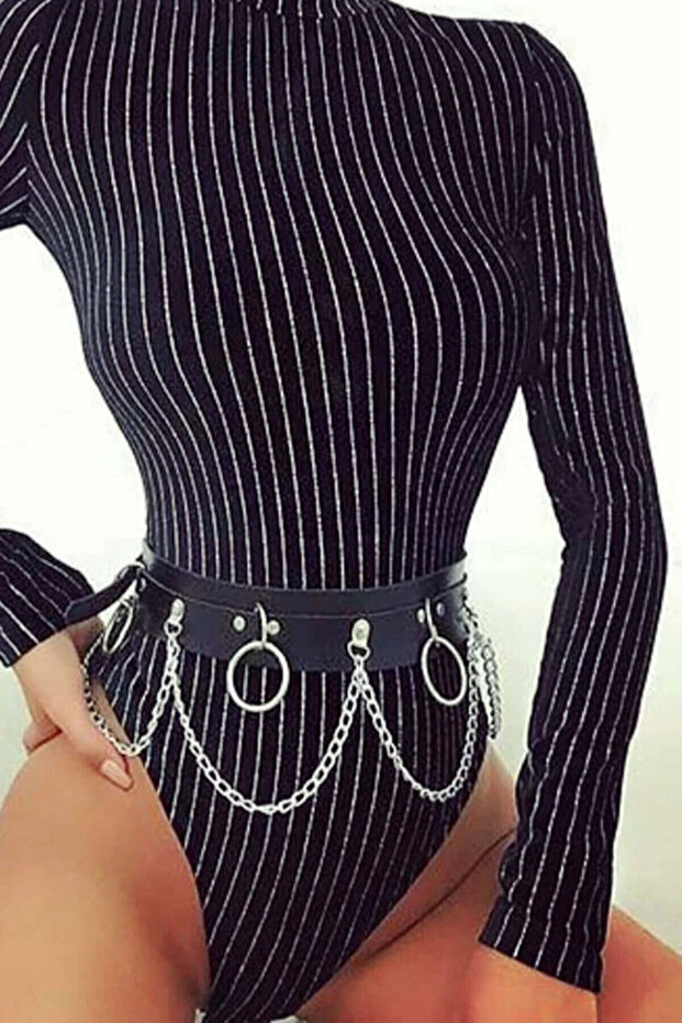 Black Metal Ring and Chain Faux Leather Waist Harness