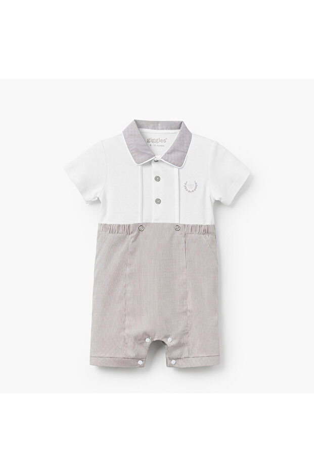 Collared Short Sleeves Romper with Stripes