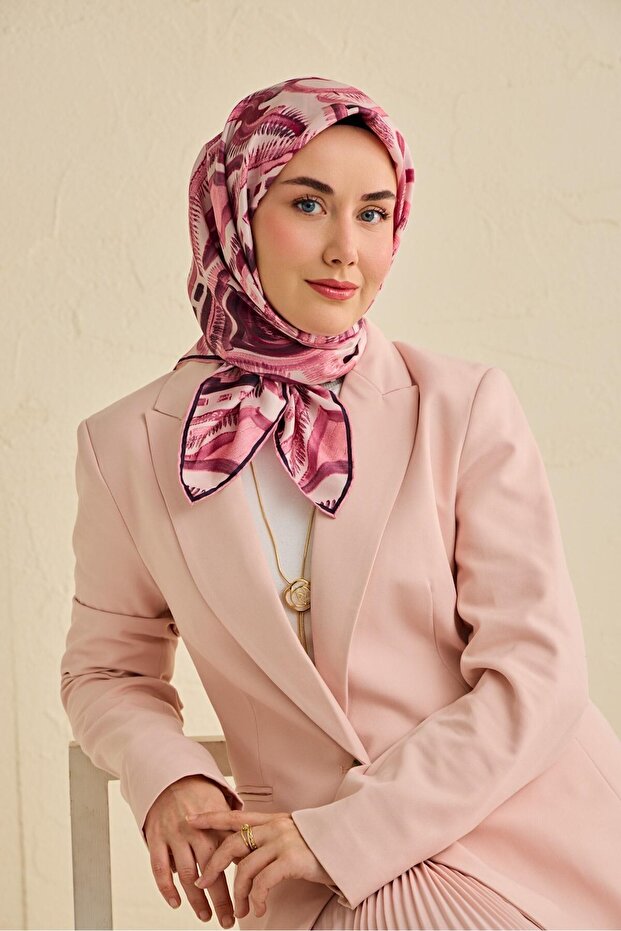 Twill Silk Scarf Abstract Pattern Dusty Pink 90X90